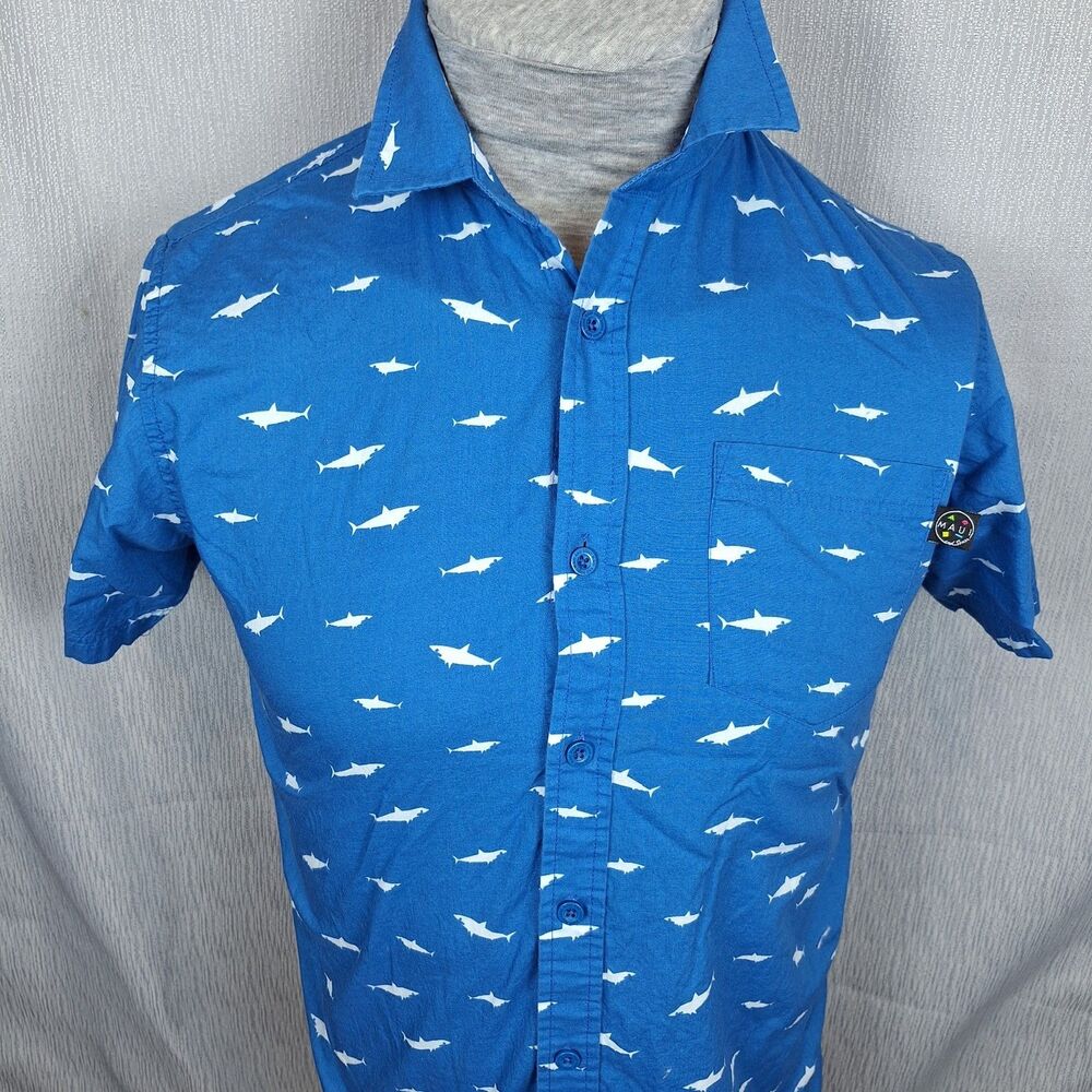 M Maui &Sons Ocean Blue Shark Motif Cocktail Camp Shirt Button Down 100 Cotton
